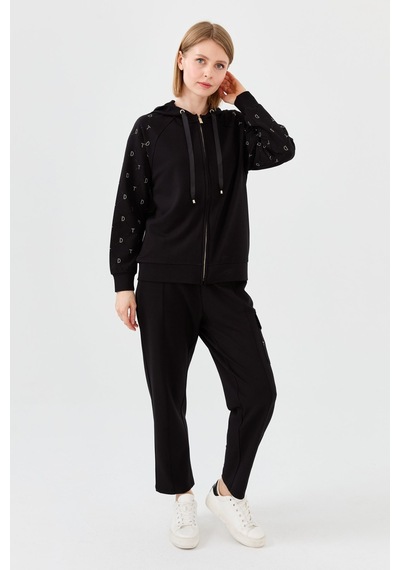 Desen Triko Kadın Triko Taş Baskılı Kapüşonlu Yazlık Sweatshirt Siyah Siyah