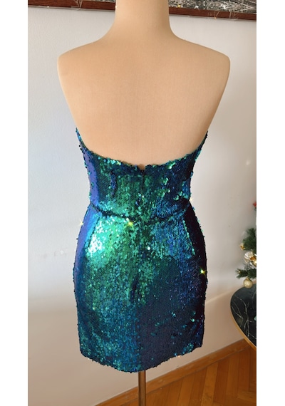 Chica Rosa Fashion Yeşil Pullu Straplez Mini Elbise Yeşil
