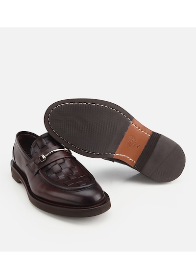 Hotiç Erkek Deri Kahverengi Örme Metal Detaylı Klasik Loafer
