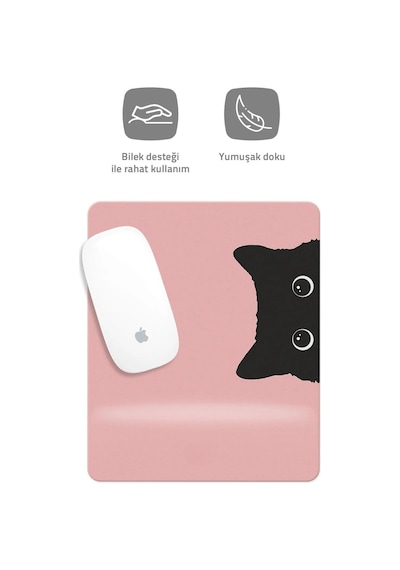 Pembe Kedi Çizimli Bilek Destekli Dikdörtgen Mouse Pad Mouse Altlığı. Mousepad