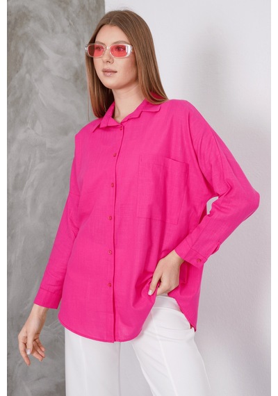 Paw Garage Kadın London Keten Tek Cepli Oversize Gömlek, Premium Kalite Keten Gömlek Fuşya