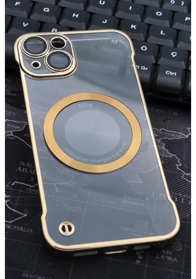 Apple Uyumlu iPhone 13 Uyumlu Altın Sarı Gold Renkli İnce Kenarlı Şeffaf Sert Kapak Kılıf Sarı -