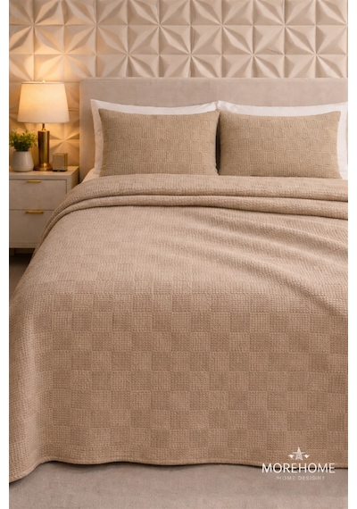 More Home Dama Desenli Tek Kişilik % 100 Pamuklu Pike 175x240 Koyu Bej