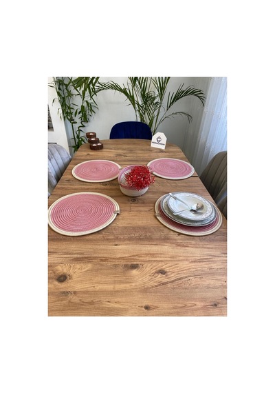 Jüt Hasır Amerikan Servis Supla Ve Sepet 5 Parça Pembe Krem Pembe Krem