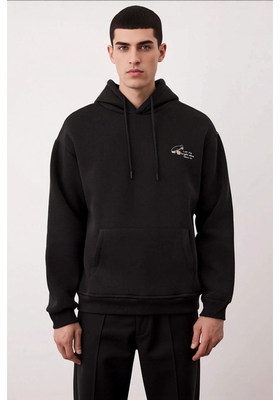 Benerly Erkek Kapüşonlu Düşük Kol Sweatshirt Slogan Nakışlı Fonksiyonel D siyah