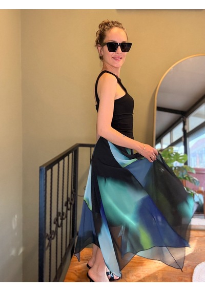 Ali Butik Mavi Batik Desen Asimetrik Şifon Etek