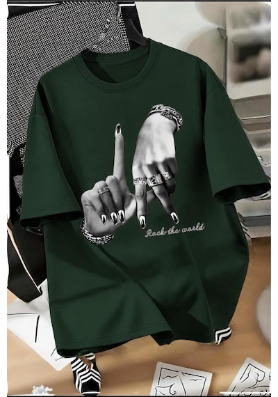 La El İşareti Ön Baskılı Sokak Modası Unisex T-shirt Yesıl