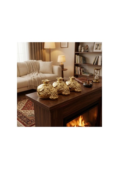 2 Adet Dokulu Taçlı Nar Biblo Büyük Boy Seramik Dekoratif Obje, Parlak Gold Kaplama, Masa Raf Kitaplık İçin Ceramic Ornament 1