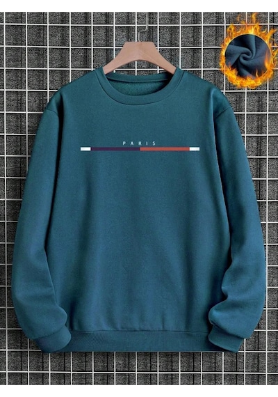Altamira Erkek Petrol Mavi Paris Baskılı Oversize Bisiklet Yaka Sweatshirt 001