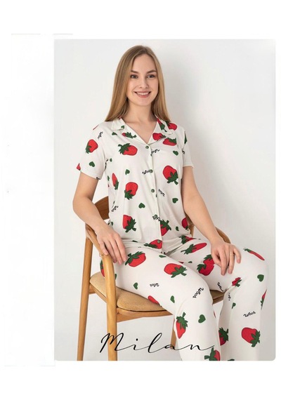 Oreiro Kadın Çilek Desenli Düğmeli Pijama Takımı - Kısa Kollu Pamuklu Yazlık Ev Giyimi Seti Beyaz - Kırmızı Oreiro Kadın Çilek Desenli Düğmeli Pijama Takımı - Kısa Kollu Pamuklu Yazlık Ev Giyimi Seti Beyaz - Kırmızı