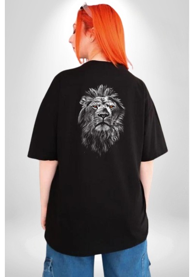 Aslan Karizma Sert Bakış Pamuklu Unisex Oversize Sırt Dijital Baskılı Siyah T-shirt Siyah