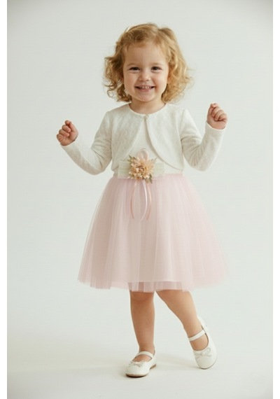 Mnk Baby & Kids Triko Bolerolu Bel Çiçekli Kız Bebek Elbise M00773 açık pembe