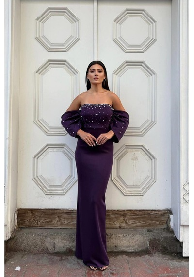 Genel Markalar Kadın İnce İşçilik Esnek Tül Kumaş Straplez Abiye Elbise Mor - 925383571 Mor