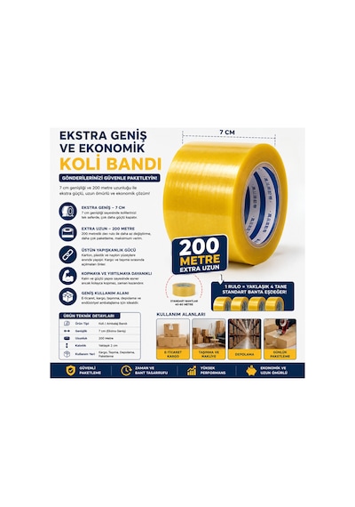Ekstra Geniş Koli Bandı 7 Cm X 200 Metre Uzun Ambalaj Ve Kargo Bandı