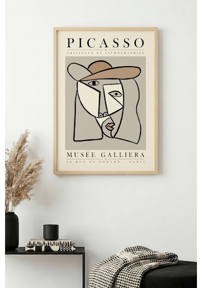 Doğal Ahşap Çerçeveli Soyut Yüz Desenli Tablo - Minimal Huhu1113