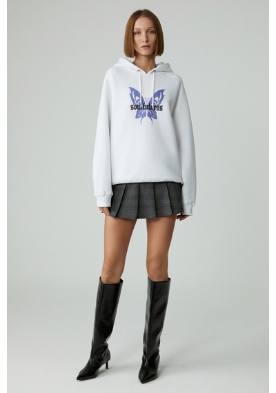 Ethıquet LAMARI Kadın Oversıze Şardonlu Kapüşonlu Beyaz Sweatshirt