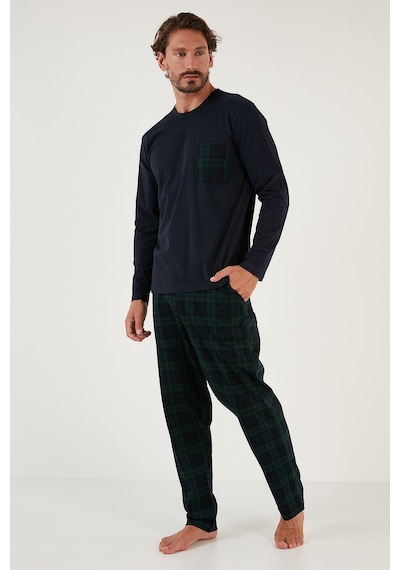 Buratti  Ekoseli Cepli Beli Lastikli % 100 Pamuk Regular Fit Erkek Pijama Takımı 6572001 Lacivert