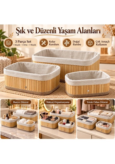 Bambu Düzenleyici Sepet Seti, Kumaş Astarlı, 3'lü Set Diğer