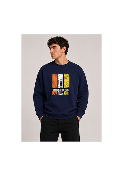 Herkesemoda Exceed Baskı Detaylı Bisiklet Yaka Şardonlu 2 İplik Sweatshirt Lacivert