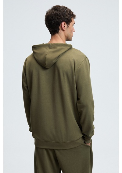 Grimelange GAGE Erkek Kapüşonlu Metal Kuş Gözü Detaylı Fermuarlı Kordonlu Cepli Haki Sweatshirt