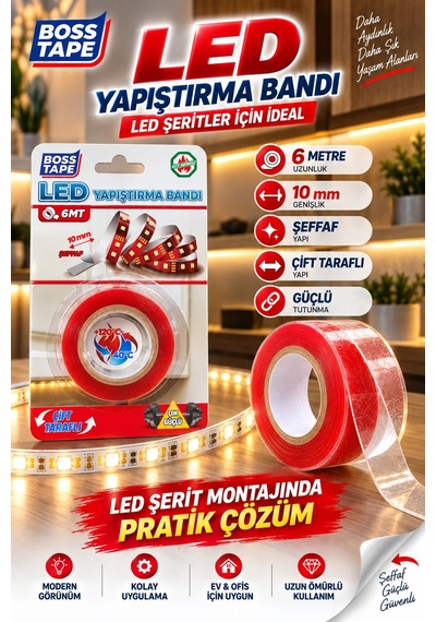 Led Yapıştırma Bandı 6 Metre 10 Mm Şeffaf Çift Taraflı Güçlü Led Şerit Sabitleme Bandı