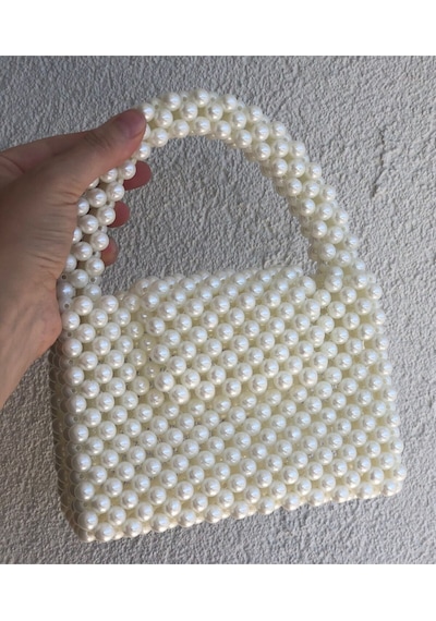 Hobimark25 El Yapımı Krem İnci Çanta,kalın İnci Saplı 18x14 İncili Boncuk Çanta,el Çantası 10mm Sedefli İnci Krem