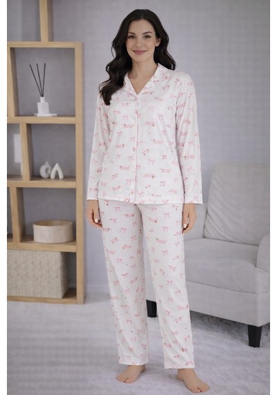 Pemilo Kadın 7117 Düğmeli Uzun Kol Pijama Takımı Beyaz