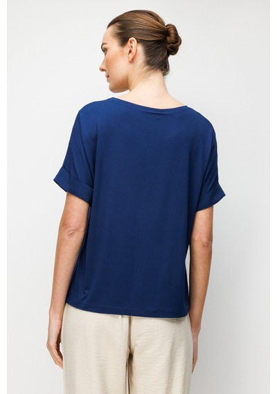Kadın Sıfır Yaka Önü Boydan Taşlı Düşük Kollu Penye T-shirt Lacivert Lacivert
