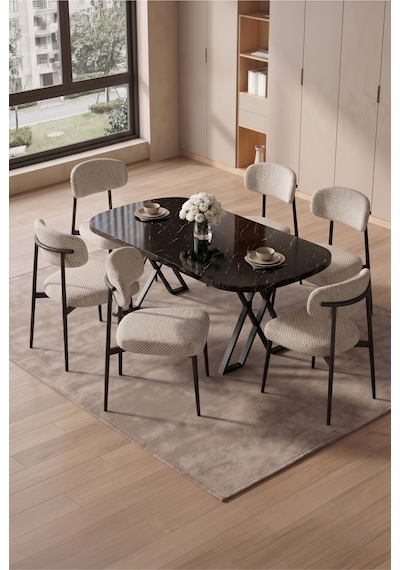 Robii 90x168 Siyah Mermer Mdf Masa, Metal X Ayak, Metal Polo Sandalye, 6 Kişilik Mutfak Masası Takımı Ve Yemek Masası Takımı Krem Robii 90x168 Siyah Mermer Mdf Masa, Metal X Ayak, Metal Polo Sandalye, 6 Kişilik Mutfak Masası Takımı Ve Yemek Masası Takımı Krem