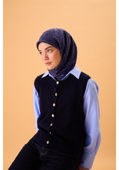 Silk Home Viskon Karışımlı Velora Eşarp Lacivert-morcivert Lila Bebe Mavi Desenli Tok Duruşlu 90x90 Çok Renkli