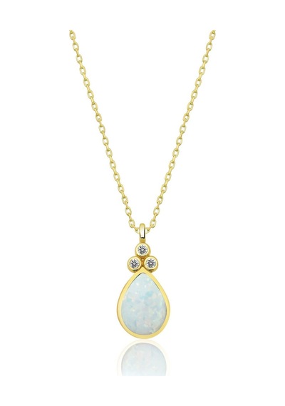 925 Ayar Gümüş Gold Kaplama Beyaz Opal Taşlı Damla Kolye UVPTS100107-3