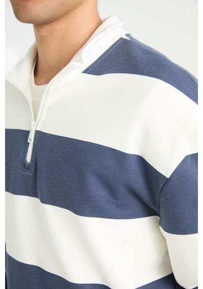 Defacto Boxy Fit Dik Yaka Yarım Fermuarlı Çizgili Sweatshirt F4640ax25aunv94 Lacivert