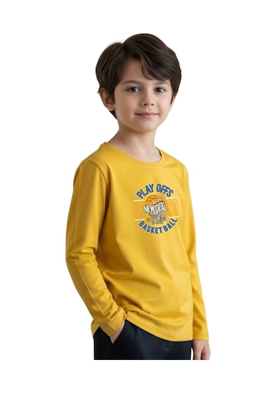 Panios Kids Düz Yuvarlak Yaka Playy Of Baskı Detaylı Erkek Çocuk Sweatshirt Sari