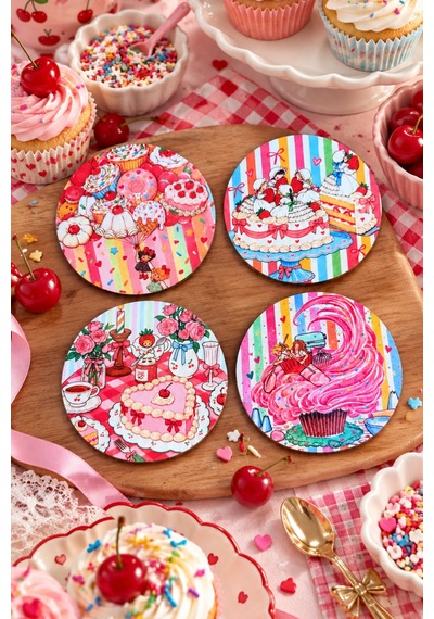 Sweet Wonderland, Tatlı Dünyası - Renkli Retro Tatlı Temalı 4 Lü Bardak Altlığı Set 9 Cm, 3 Mm Ahşap Mdf, Dijital Baskı - 930466748 Diğer