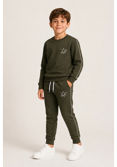 Rony Pony Kids Erkek Çocuk Haki Gezegen Baskılı Beyaz Biyeli Sweatshirt Jogger Eşofman Takımı