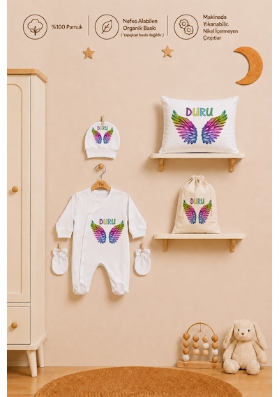 Pia Baby Kız Bebek Hastane Çıkışı İsimli Tulum Takımı Yastık Kılıfı Şapka Eldiven Kıyafet Kesesi Bebek Hediyesi 2051ytk0x Krem
