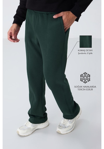 Tommy Life Çam Yeşil Pamuklu Kalın İçi Tüylü Yumuşak Dokulu Oversize Nakışlı Erkek Eşofman Altı -82146 Yeşil