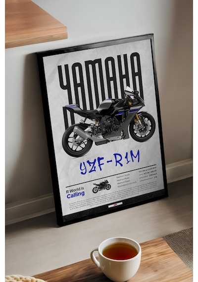 Yamaha Yzf-r1m Siyah Ahşap Çerçeveli Poster, Dekoratif Motosiklet Duvar Tablosu