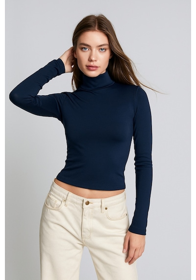 Rich Kadın Lacivert Yarım Balıkçı Yaka Uzun Kollu Crop Bluz Lacivert