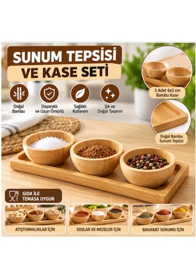 Bambu Sunum Tepsisi Ve Kase Seti 3'lü Doğal Ahşap Çerezlik Sosluk Baharatlık Servis Seti Bej