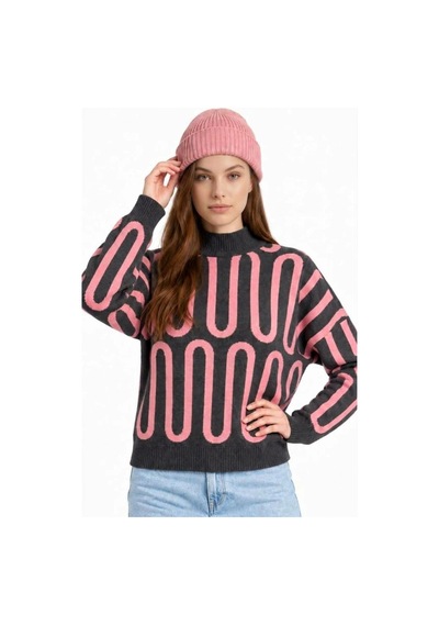 Neden Tekstil Kadın Modern Geometrik Desenli Boğazlı Triko Kazak - Pembe
