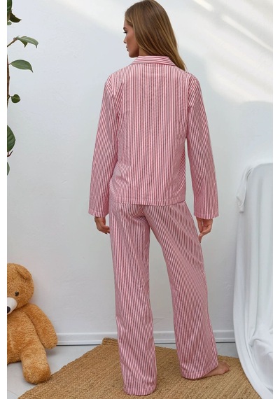 Hiccup Çizgili Pamuklu Pijama Takımı Bordo Kırmızı