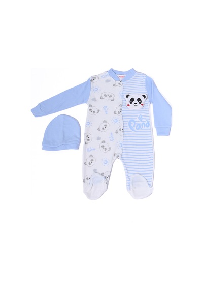 Hçm Erkek Bebek Tulum Şapkalı Panda Baskılı Çıtçıtlı D6 mavi