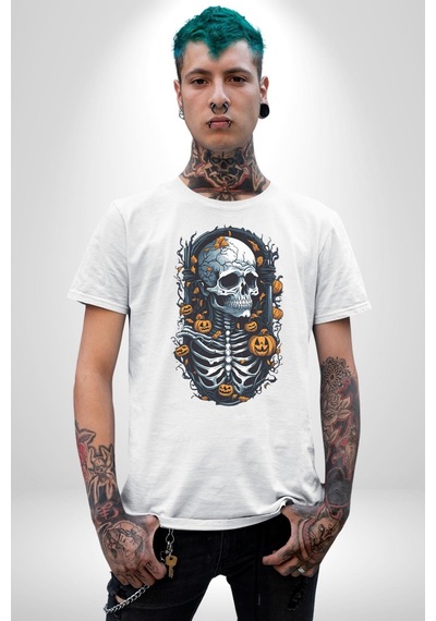 Cadılar Bayramı Kuru Kafa Unisex Unisex Beyaz Organik Baskılı T-shirt Penye Yüksek Kalite Beyaz