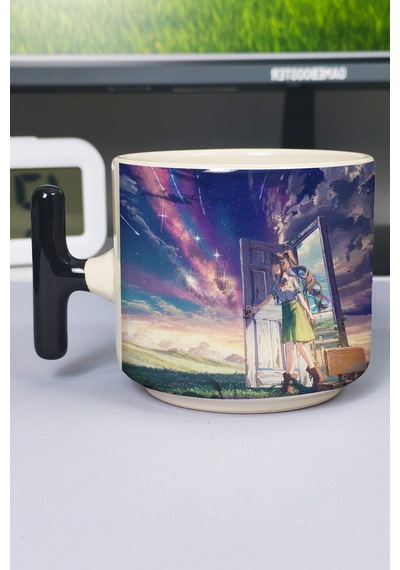 Suzume Anime Baskılı Seramik Lüks Kupa 1 Adet T Şeklinde Özel Siyah Kulp Dalga Kulp V4t Çok Renkli