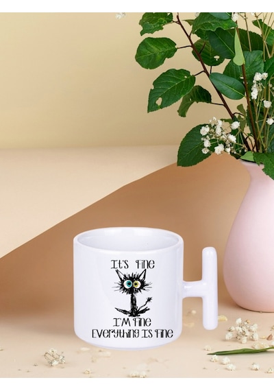 Deepcraft İyiyim Her Şey Yolunda Kedi T Kulplu Kupa Yılbaşı,sevgililer Günü, Hediyelik Kupa 185ml Beyaz