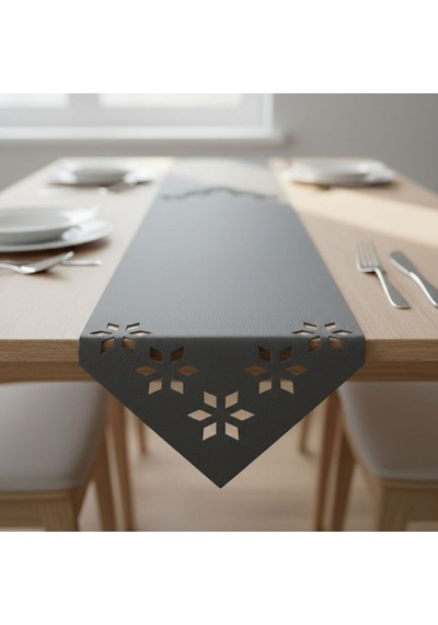 1 Adet Deri Runner-40x140 Cm-çiçek Desenli Runner Gri