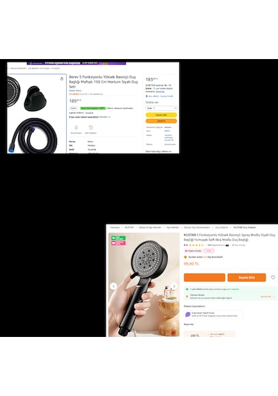 5 Fonksiyonlu El Duş Başlığı Mat Siyah Basınç Artırıcı Duş Telefonu Su Tasarruflu Duş Spreyi Siyah