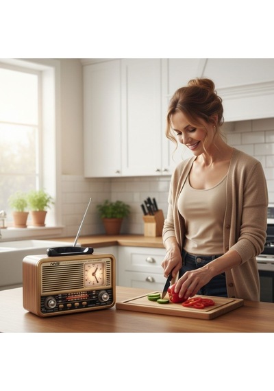Buffer Orta Boy Saat Göstergeli Retro Ahşap Tasarım Bluetooth Hoparlörlü Radyo Fm/am Destekli, Şarjlı Ve Taşınabilir Radyo Ns-8898