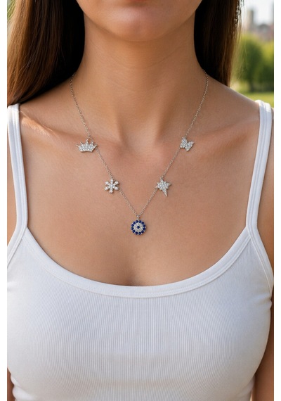 Çekirdekjewelry 925 Ayar Gümüş Nazar Boncuklu & Şans Figürlü Kolye Taşlı Yıldız, Kar Tanesi, Taç Zarif Tasarım Gri Çekirdekjewelry 925 Ayar Gümüş Nazar Boncuklu & Şans Figürlü Kolye Taşlı Yıldız, Kar Tanesi, Taç Zarif Tasarım Gri